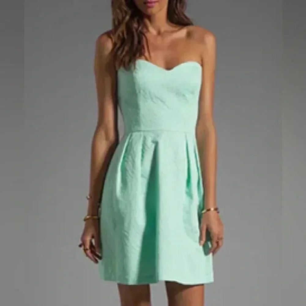 ERIN erin fetherston Plisse Dress Mini Brocade Fit Flare Brook Green strapless 4